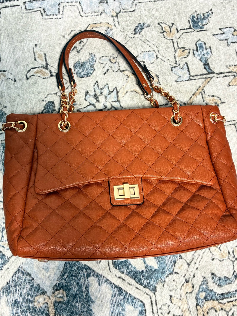 Quilted Shoulder Bag with Gold Chain Handles in Cognac Brown